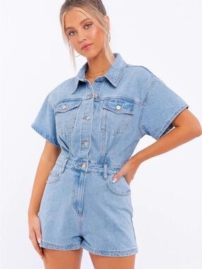 Light Blue Denim Shorts Romper